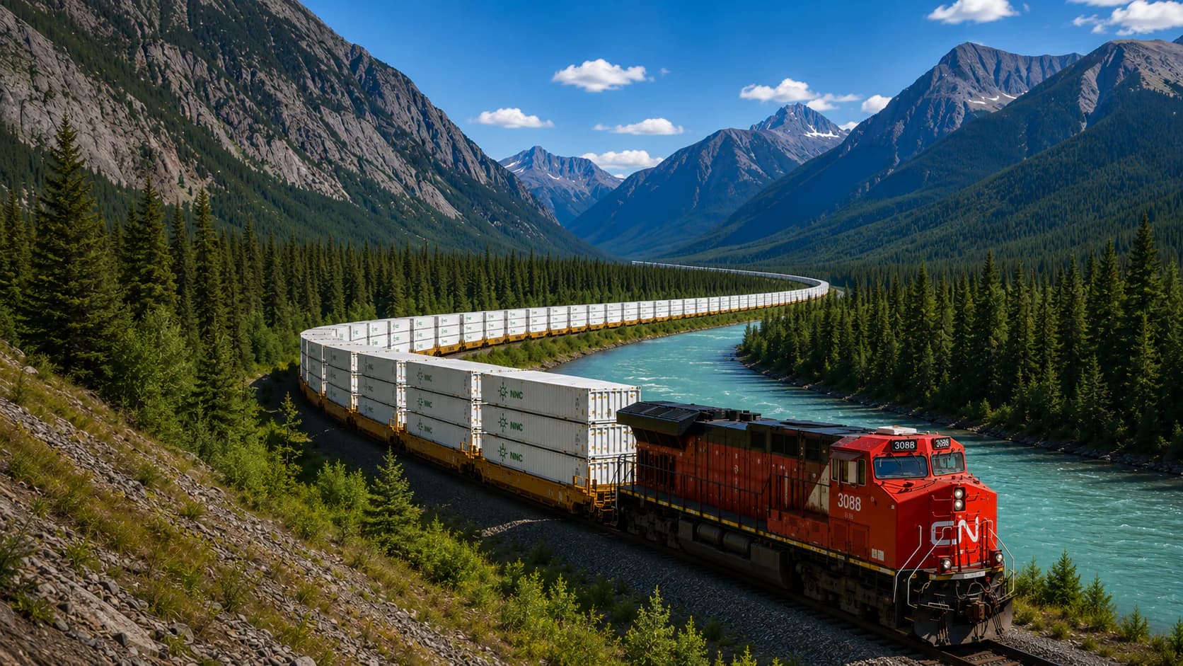 Intermodal train carrying containers through Western Canada